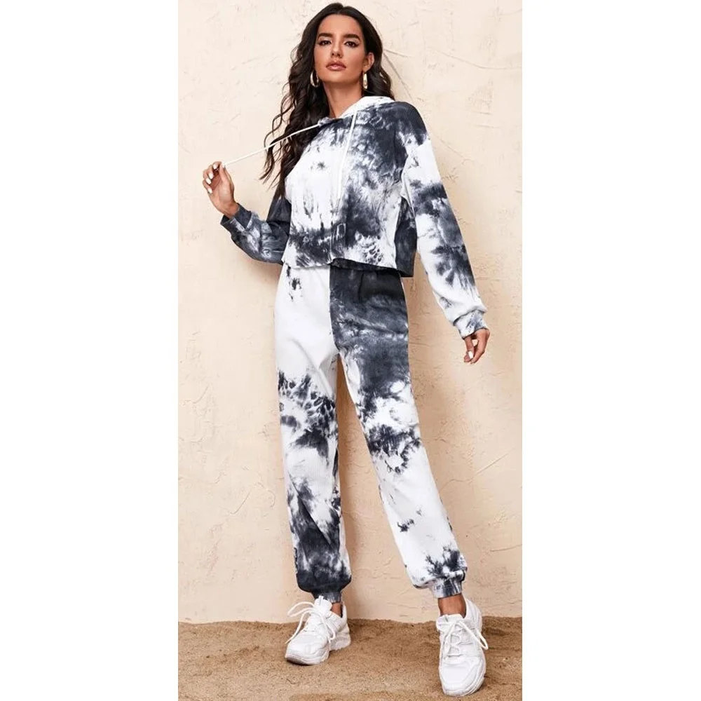 Wholesale Customized 2021 New Design High Quality Rib Knit Tie Dye Hoodie Women Tracksuit