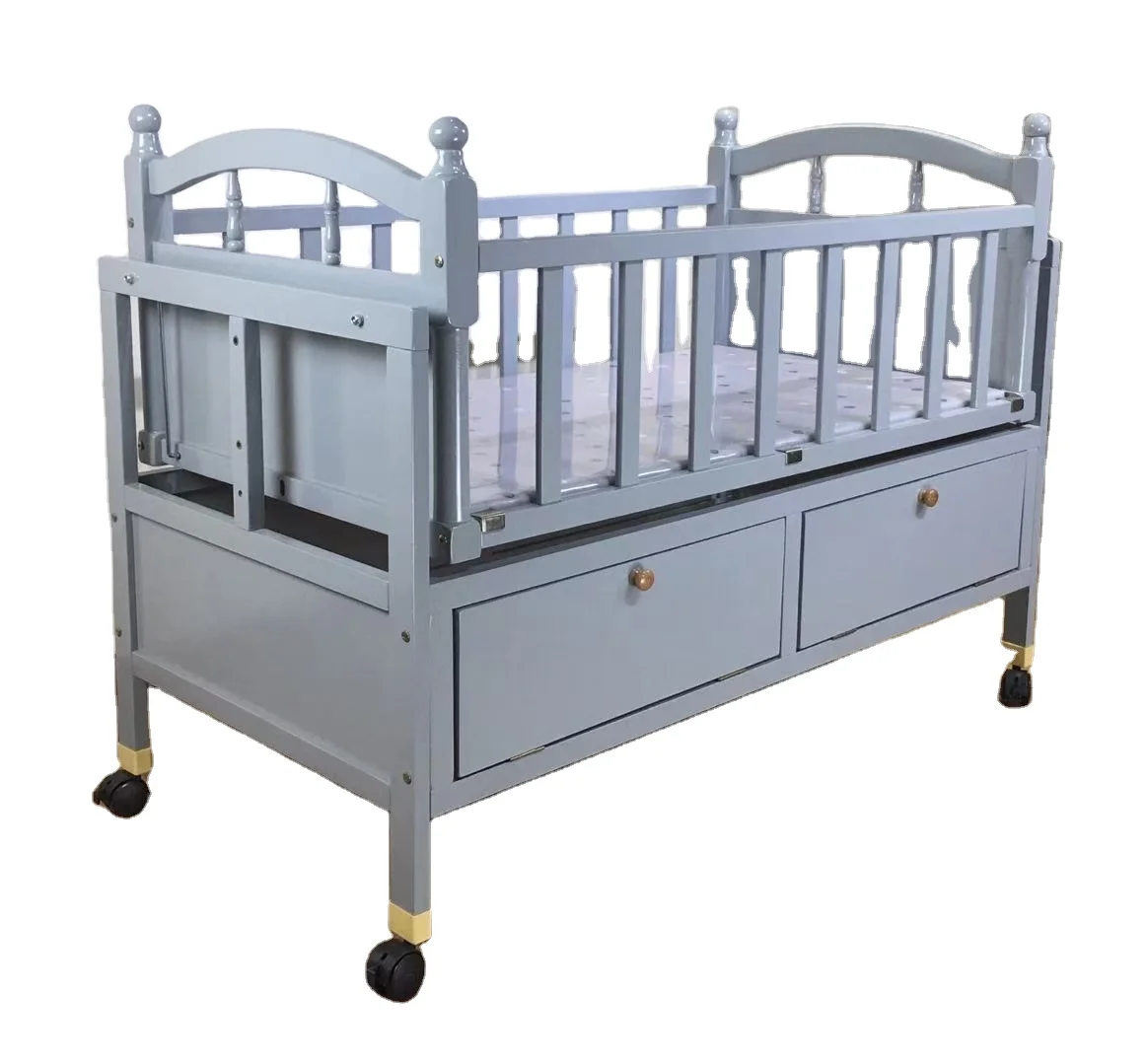 Wooden Baby Crib, Kids Cot with Wheels Drawers, Toddler Bed