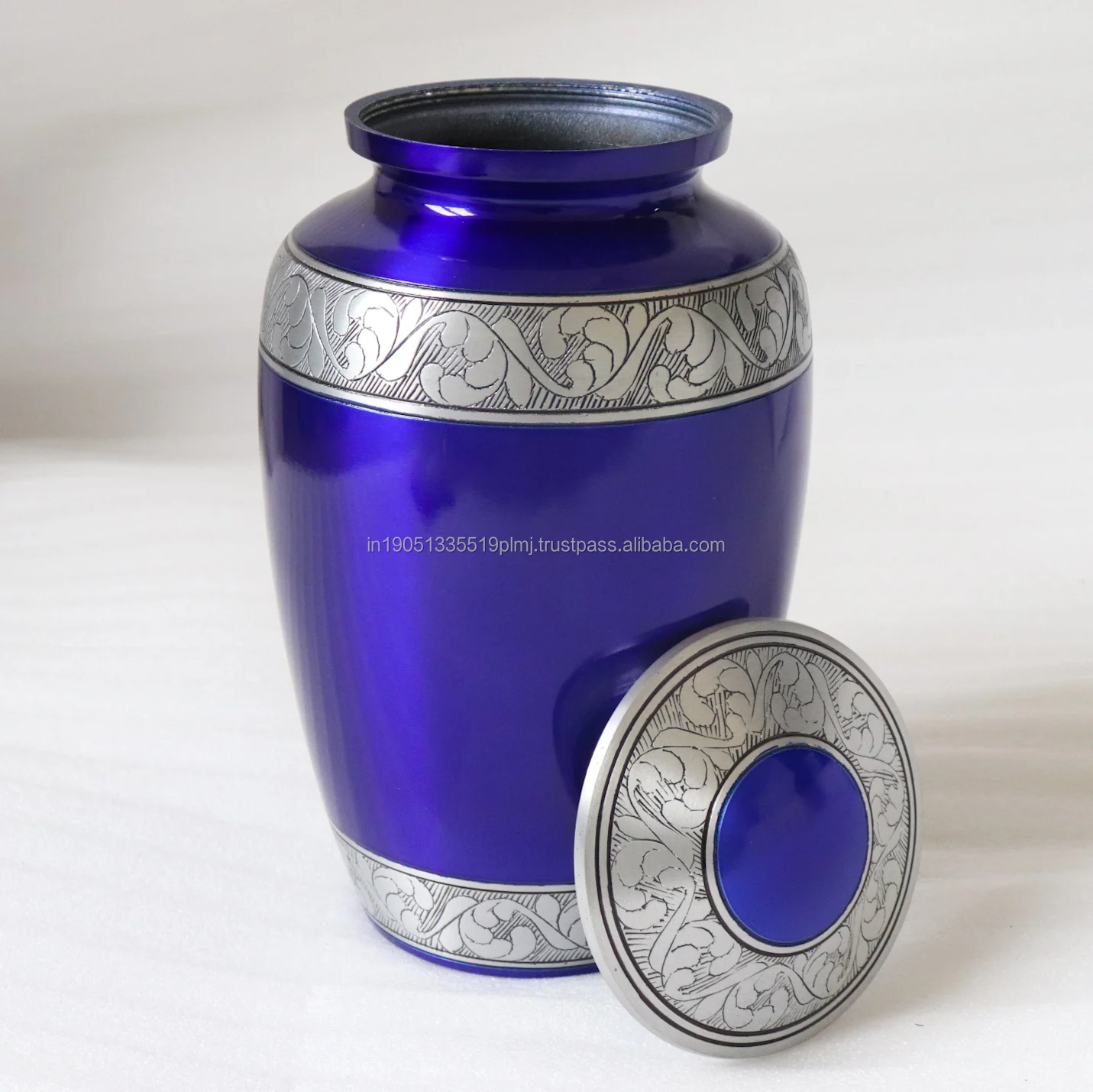 Wholesale Custom Nevy Blue Aluminum Cremation Urn For Human Ashes Handicraft High Quality Engraved Cremation Urn For Adult Ashes
