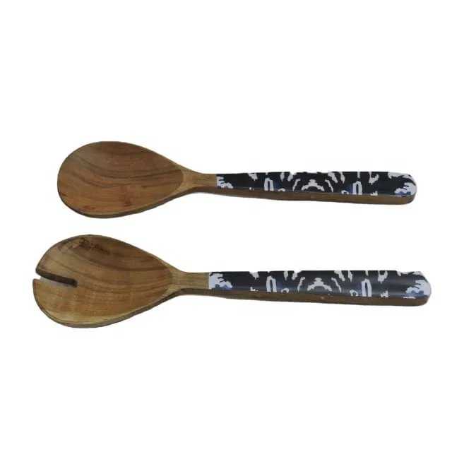 Acacia Wood Spoon with Iron Coated Handle Latest Design 2pcs Salad Spoon Set Server Kitchen Gadgets 2023 Food Serving Spoon