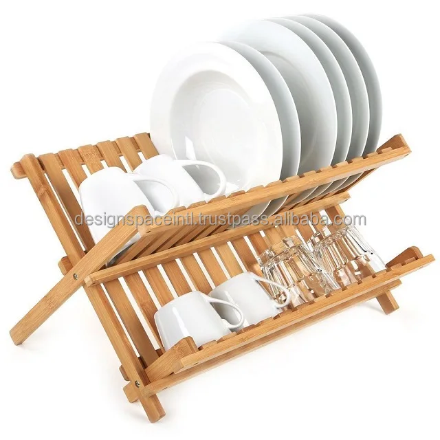 Two tier wooden dish drainer cup rack storage folding at best rate