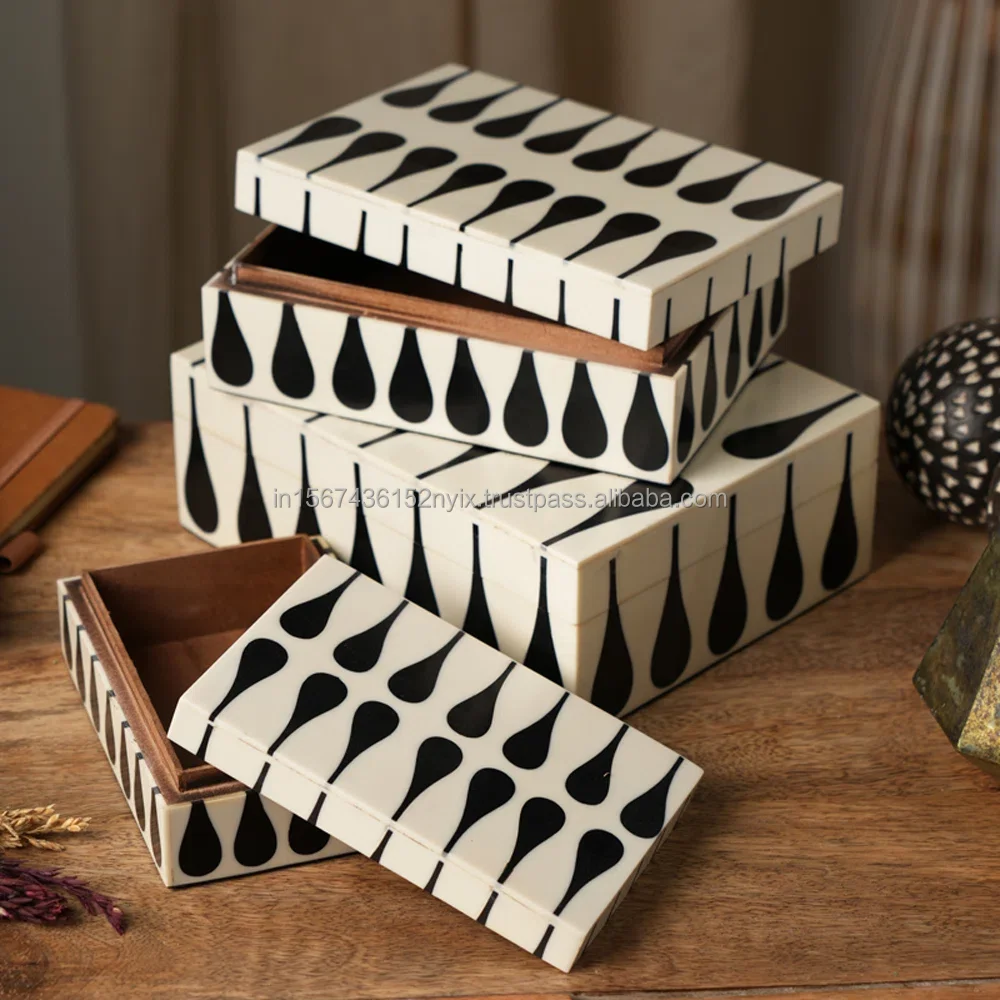 Resin inlaid jali design jewelry box black and white