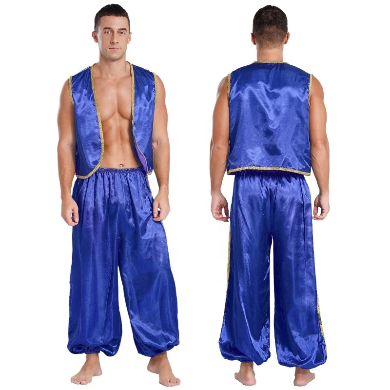 Mens Halloween Arabian Prince Satin Sets Vest Top And Pants Suits For Fairy Tales Cosplay Belly Dance Halloween Stage Costumes