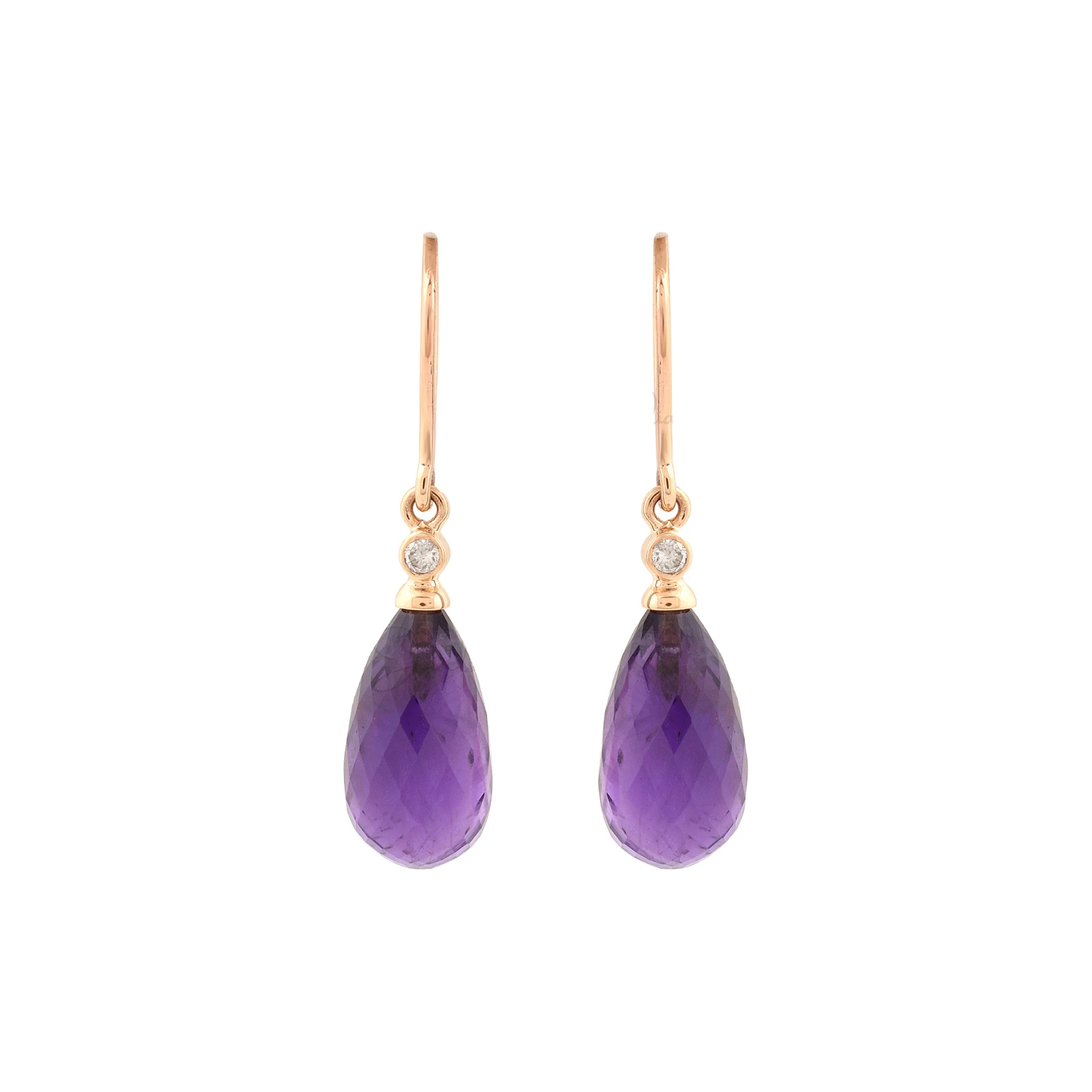 Bulk Buy 10.30Ct Natural Amethyst Stone Earrings with Diamond Accented 14K Rose Gold 15X7MM Briolette Dangle Earrings Supplier