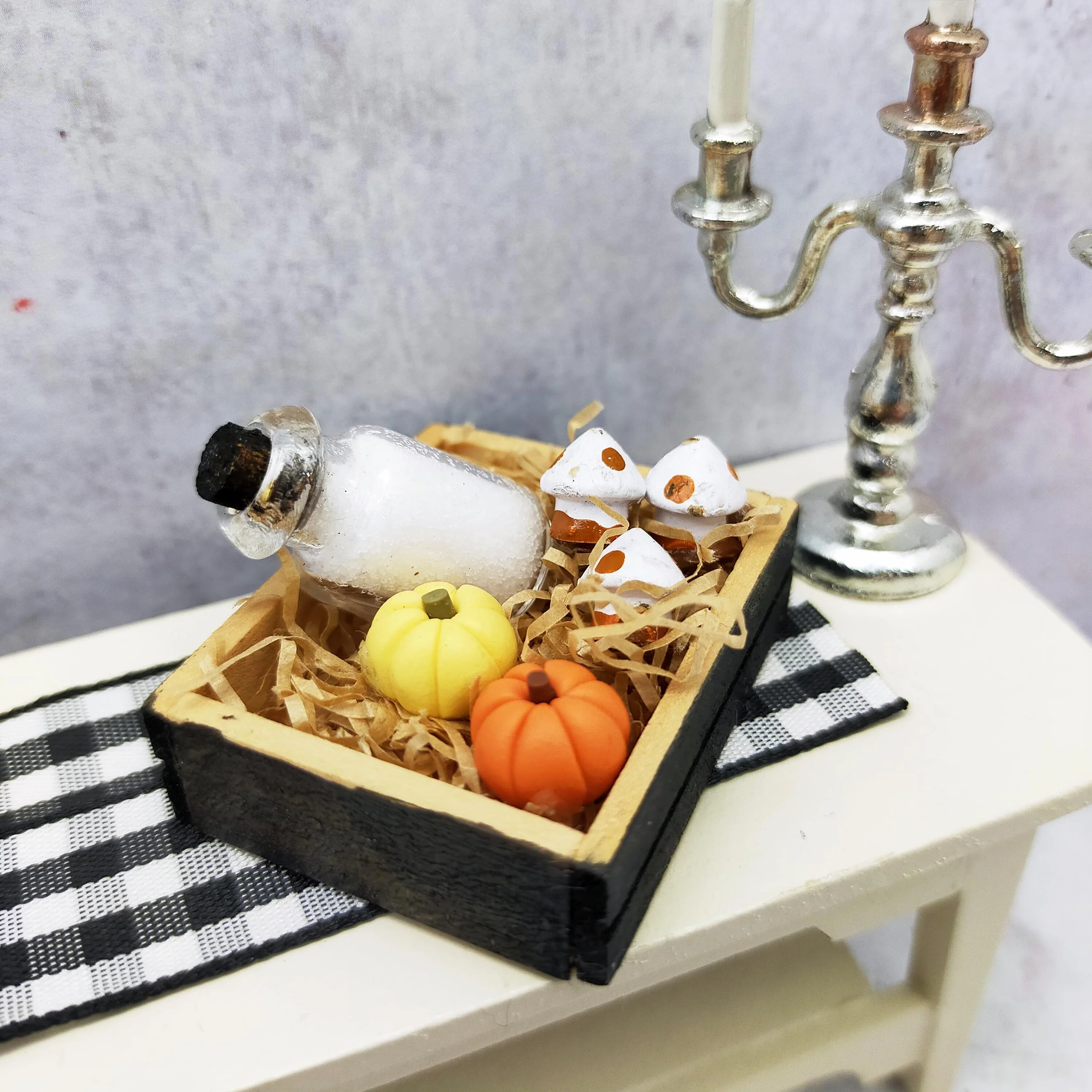 Miniature Dollhouse 1:12 Halloween Candle Holder Wooden Box with Pumpkin Glass Bottle