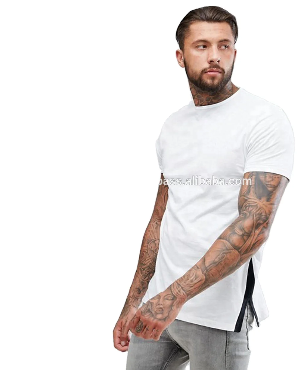 Summer 100% Cotton Breathable Custom Printing Blank White T Shirts in Bulk Relaxed Longline With Side Split Contrast