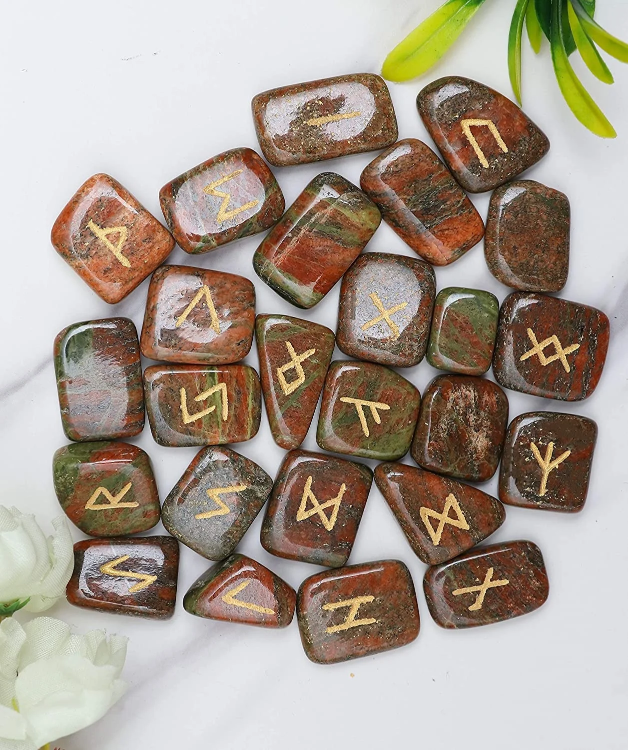 Набор рунических камней Unakite с гравировкой старый Futhark Рунический алфавит языческая надпись руны викингов