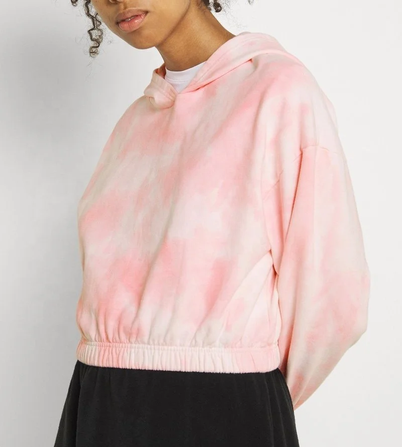Exclusive Design Pink Tie Dye Crop Top Hoodie for Young College Girls Women Soft Durable Rope Drawstring Ladies Fleece Material