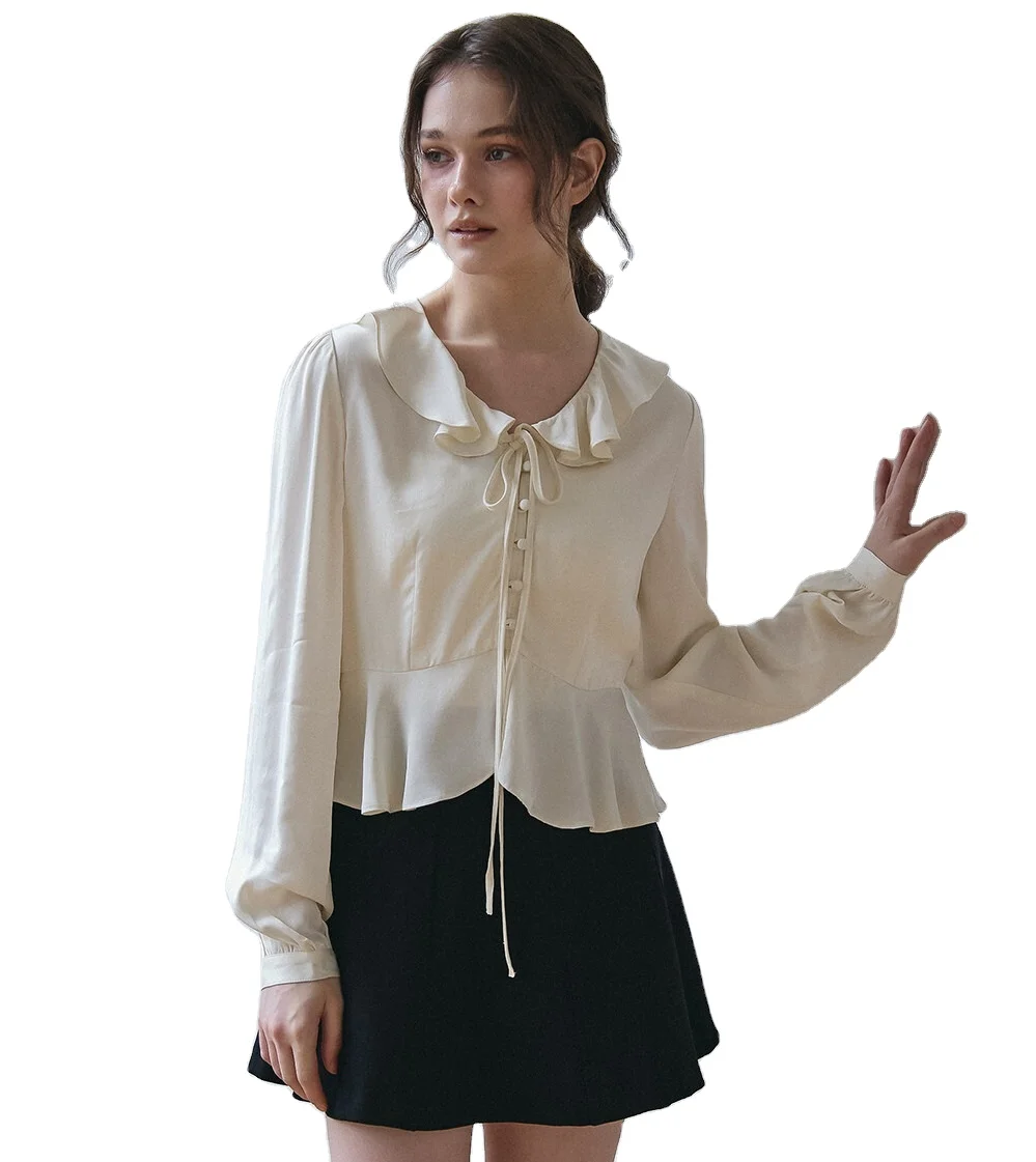 Trending products 2024 new arrivals wholesale clothes VEM.VER FLARE SATIN BLOUSE_CREAM FREE Korean fashion