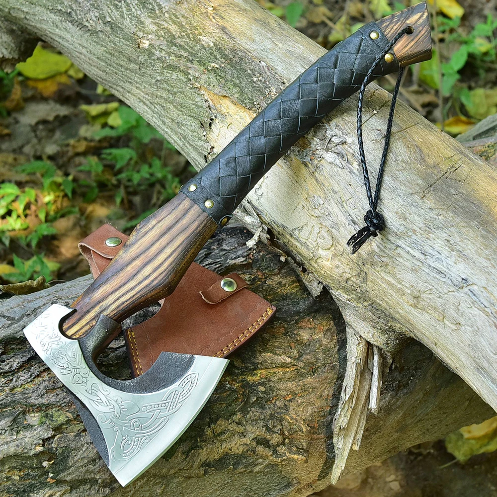 High Quality Carbon  Steel blade wood Handle Hatchet Axe Outdoor Hand Forged Camping  Axe With Protected Cover