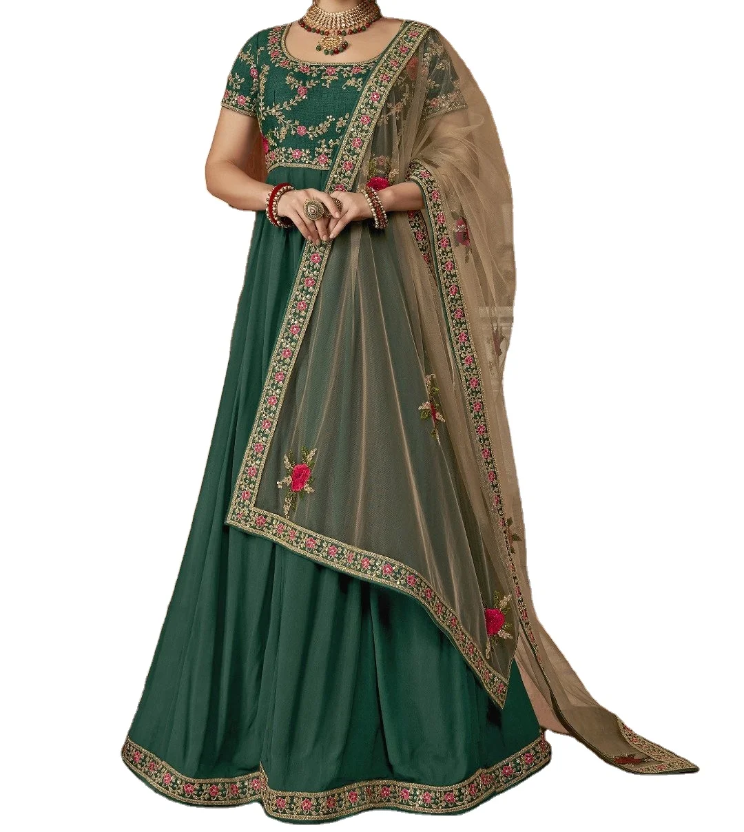 Embellished Bottle Green Georgette Semi Stitched Anarkali Suit Set Rich Material High-Quality Fabric Parties Festivals Functions
