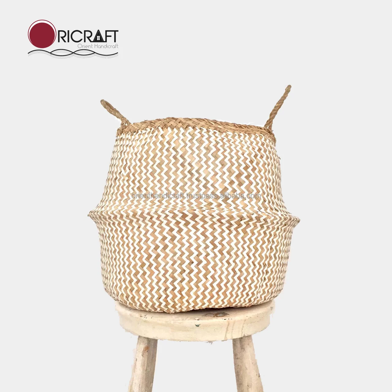 TASMANIA High Quality Seagrass Storage Belly Basket Vietnam Handmade (Natural & White Zigzag)