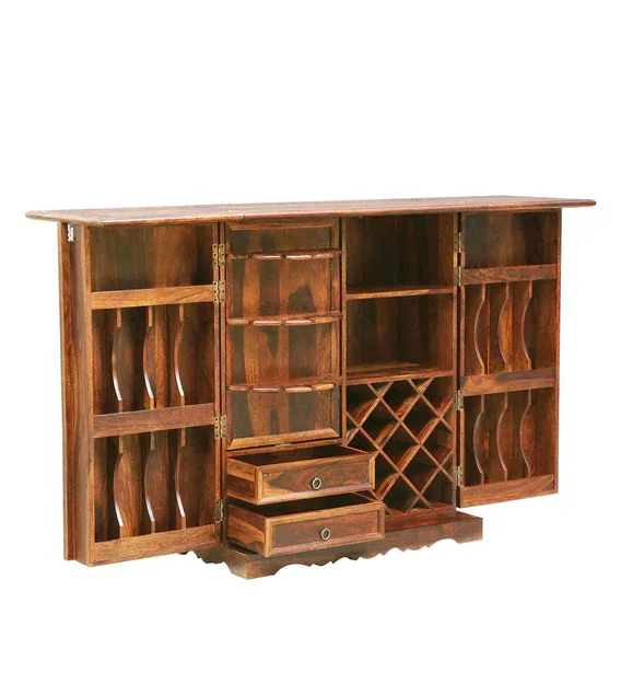 Industrial Vintage Bar Cabinet Indian Sheesham Wood High End Bar Cabinet Jodhpur Handcraft Wine Bottle Storage Racks Bar Cabinet