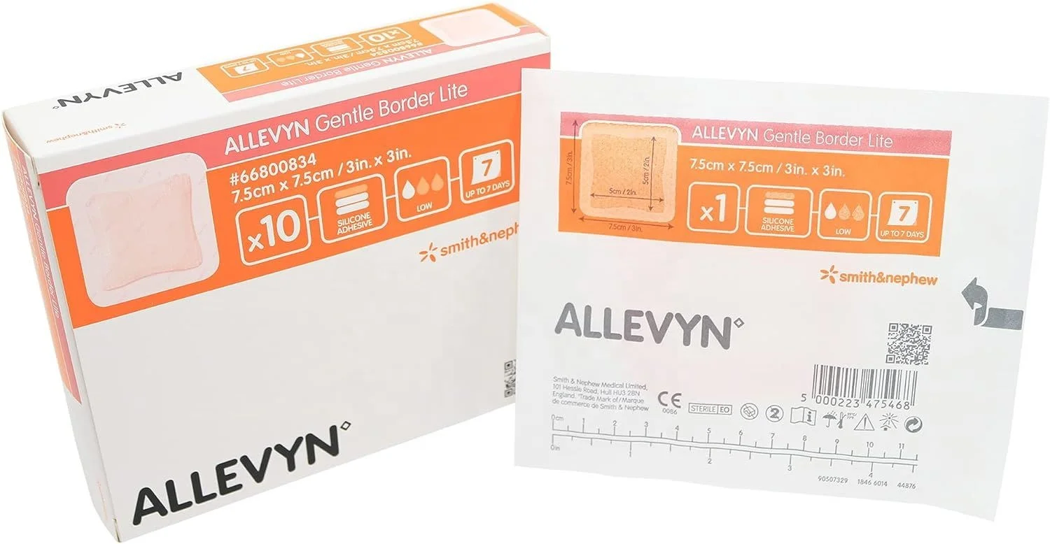 Allevyn Gentle Border lite 7.5cmx7.5cm Pack of 10 Adhesive and Breathable Dressing For Wound Care