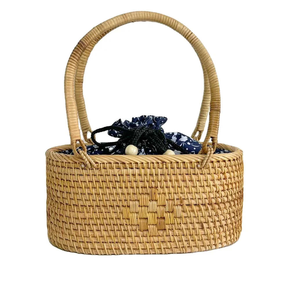 Drawstring bag rattan handbag stylish simple tote bag with cloth British style lightweight circle bag