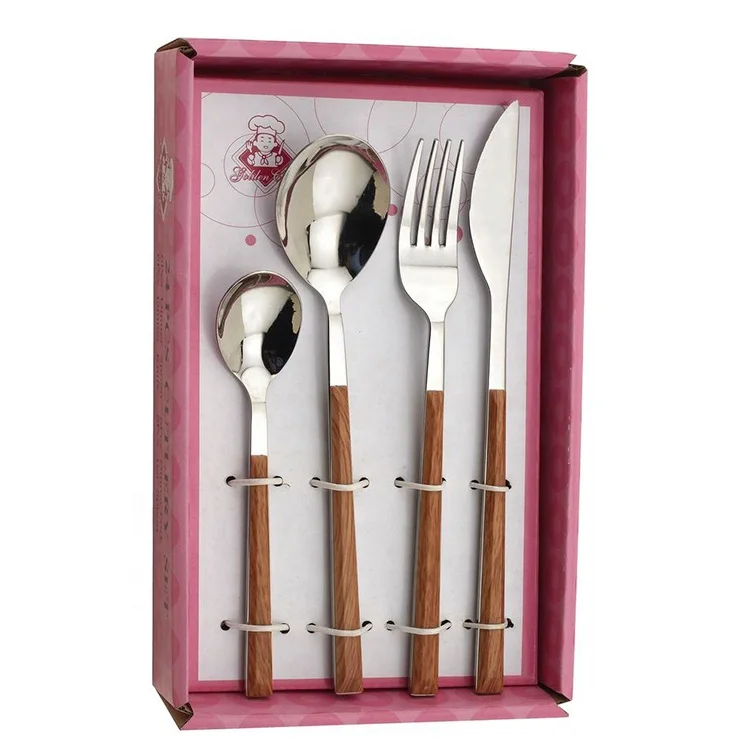 Stainless steel cutlery set of 24, vintage fork knife spoon and tea spoon tableware with wooden color coating handle for gift