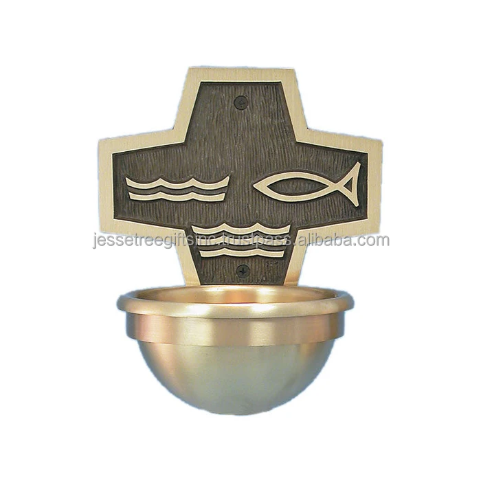 New Handmade Brass & Wood Wall Mounted Holy Water Font Shiny Polish Finishing Round Shape Emboss Design For Religious & Church