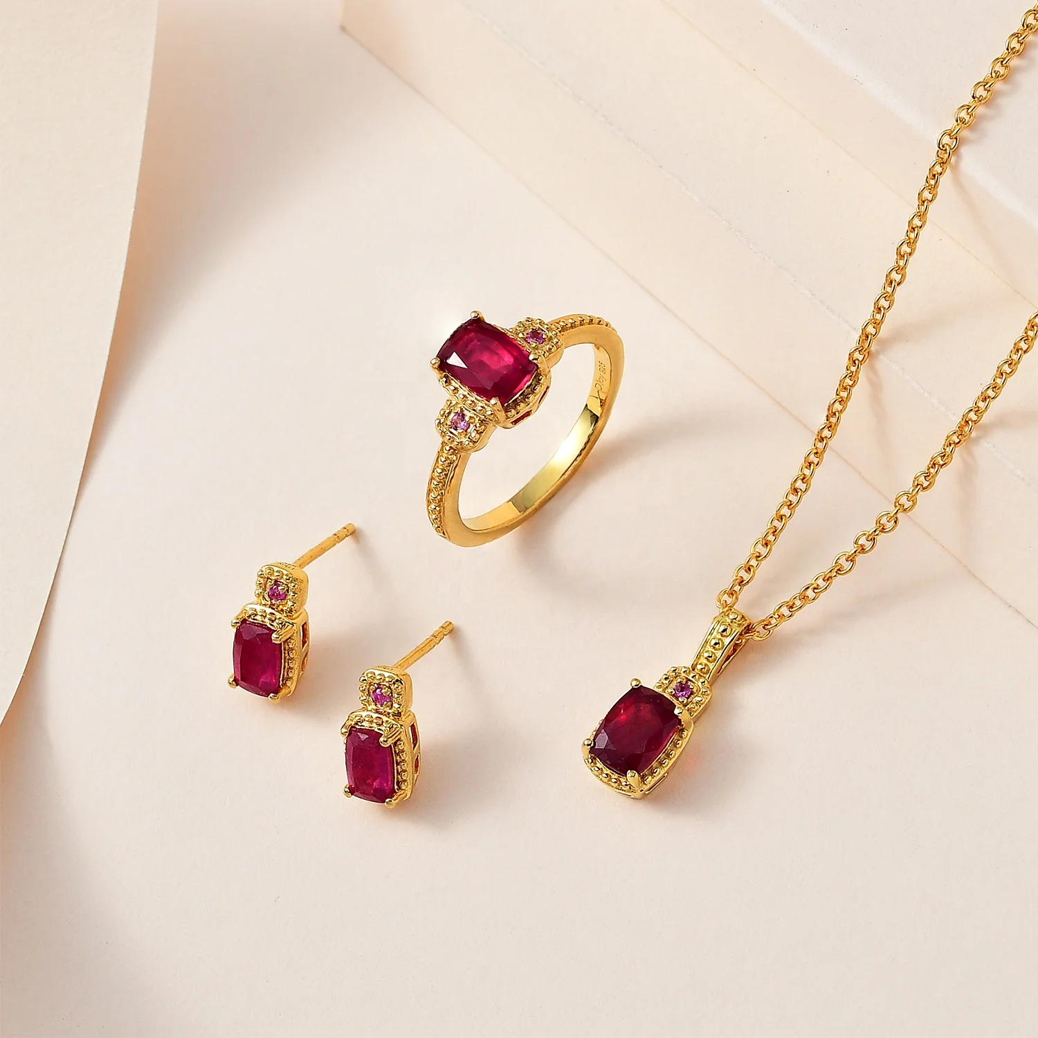 Niassa Ruby (FF) and Pink Sapphire Stud Earrings Ring Pendant Vermeil YG Over Sterling Silver High Quality Wholesale Jewelry