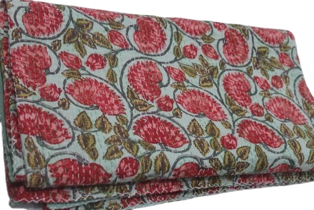 Hand Block Cotton Bedding Bedspread Reversible Twin Blanket Kantha Quilt For Home Decoration