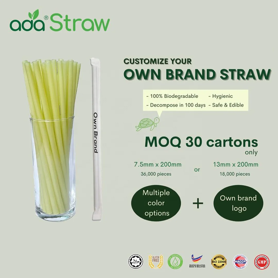 100% Biodegradable Eco Friendly Rice Tapioca Drinking Straw All Natural Disposable (ADA Biotech) 7.5mm
