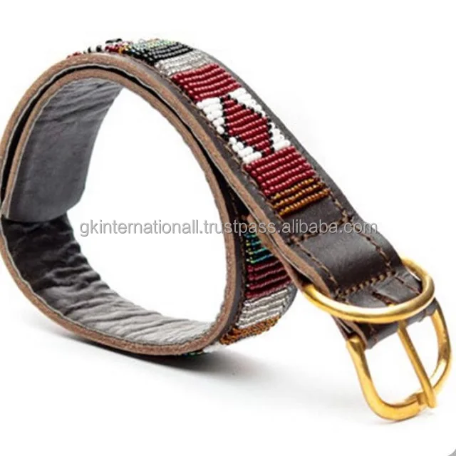 High Quality Leather Fabric - customized full colorful beaded - Brown and Black Full Grain leather dog collar - Golden metal