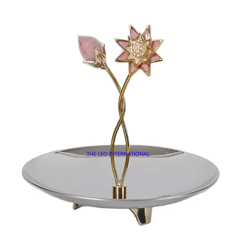 Rose Quartz Bud With Brass Enamel Flower Stainless steel mirror polish Pole Platter tray decorative bowl 6X6X6 Inch tableware