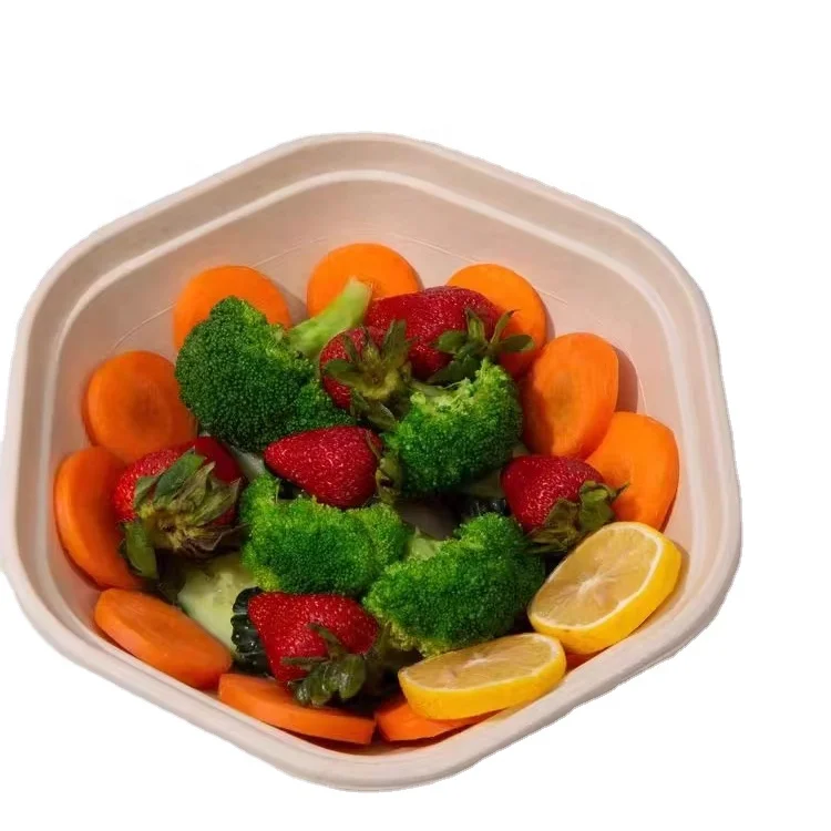 PFAS Free bagasse fiber disposable tableware take away food container lunch box 56oz hexagon salad bowl with lid