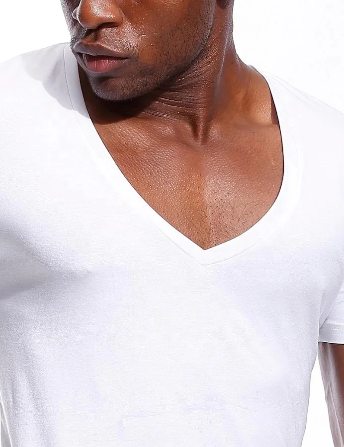 Deep V Neck T Shirt for Men Low Cut V neck Wide Tee Male T-shirt Invisible Undershirt Model Scoop Hem Slim Fit Short Sleeve tees