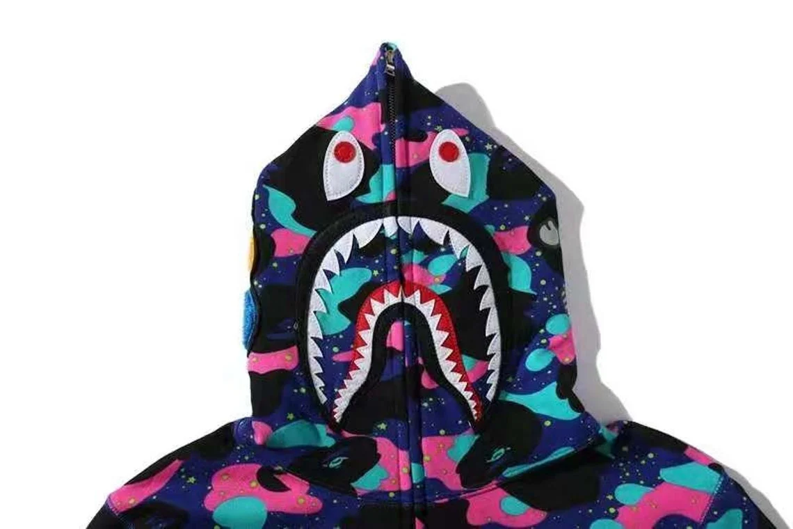 Wholesale High Quality Heavy Fleece Shark Hoodie Unisex Full Zip Up Bape Hoodies For Men Custom Logo Sweatshirt
