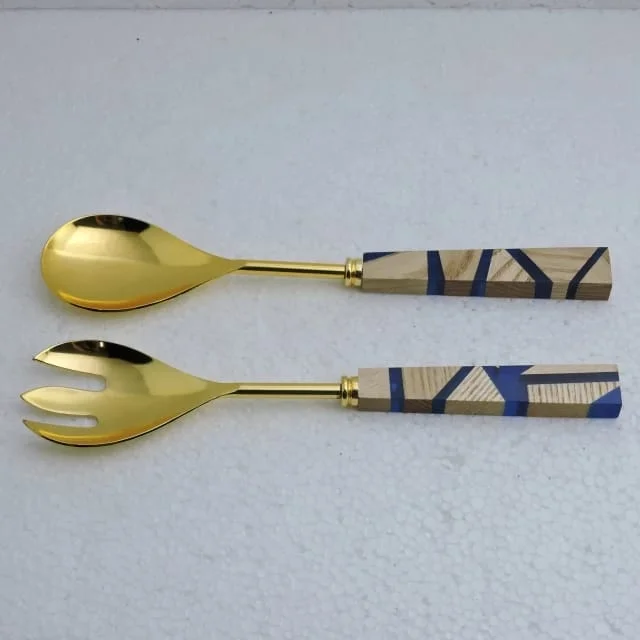 Wholesale Unique Style Silver Salad Server Set With Wood And Pink Epoxy Resin Handle Pasta Monsters And Salad Servers