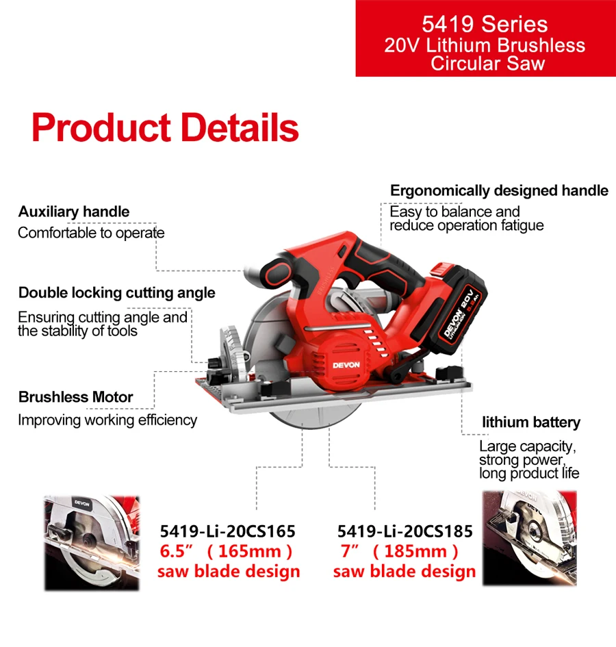 DEVON Lithium-ion 20V Brushless Cordless Industrial Wood Rechargeable Circular Saw Machine