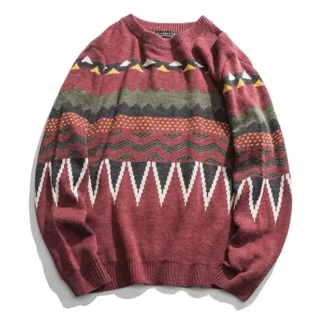 OEM custom men cotton crew neck knitted sweater long sleeve letter pattern vintage stripes pullover letterman sweater