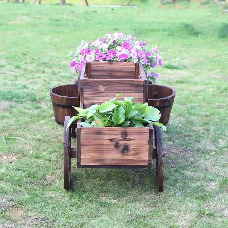 Customized Wooden Flower Cart Wheel Home Garden Wooden Flower Cart Half Barrel Wagon