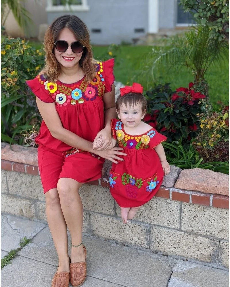 A Custom Handmade Cute Matching Red Mexican Mini Mommy & Daughter Cotton Outfit With Beautiful flower embroidery Perfect Dress