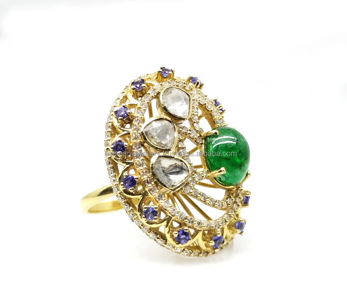 14K Yellow Gold Tanzanite Diamond Emerald Ring Emerald Uncut Diamond Ring For Women