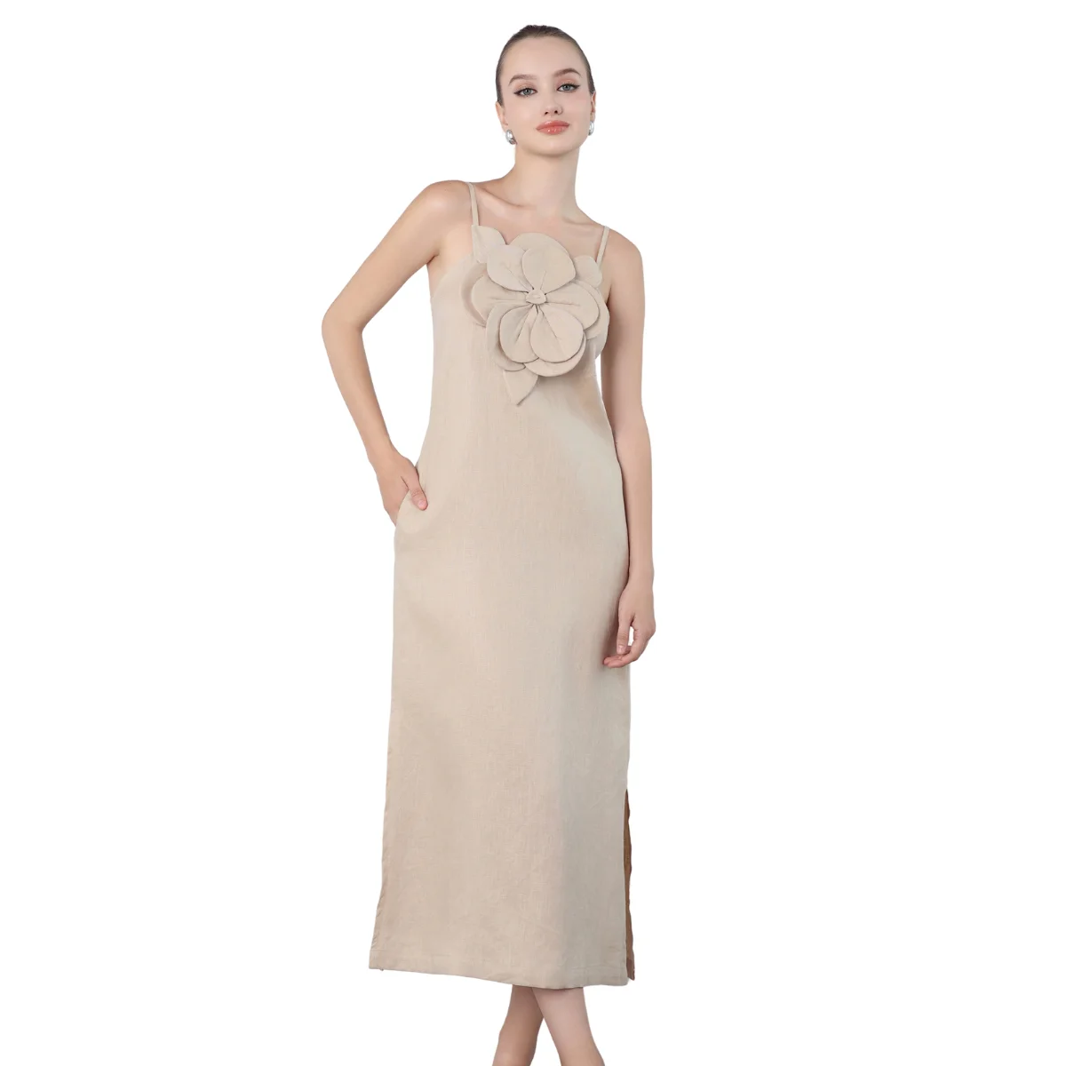 Linen Clothes Dress Woman Maxi 100% Linen Flower Wholesale Button Sleeveless Summer Collarless Long Loose Dress From Vietnam