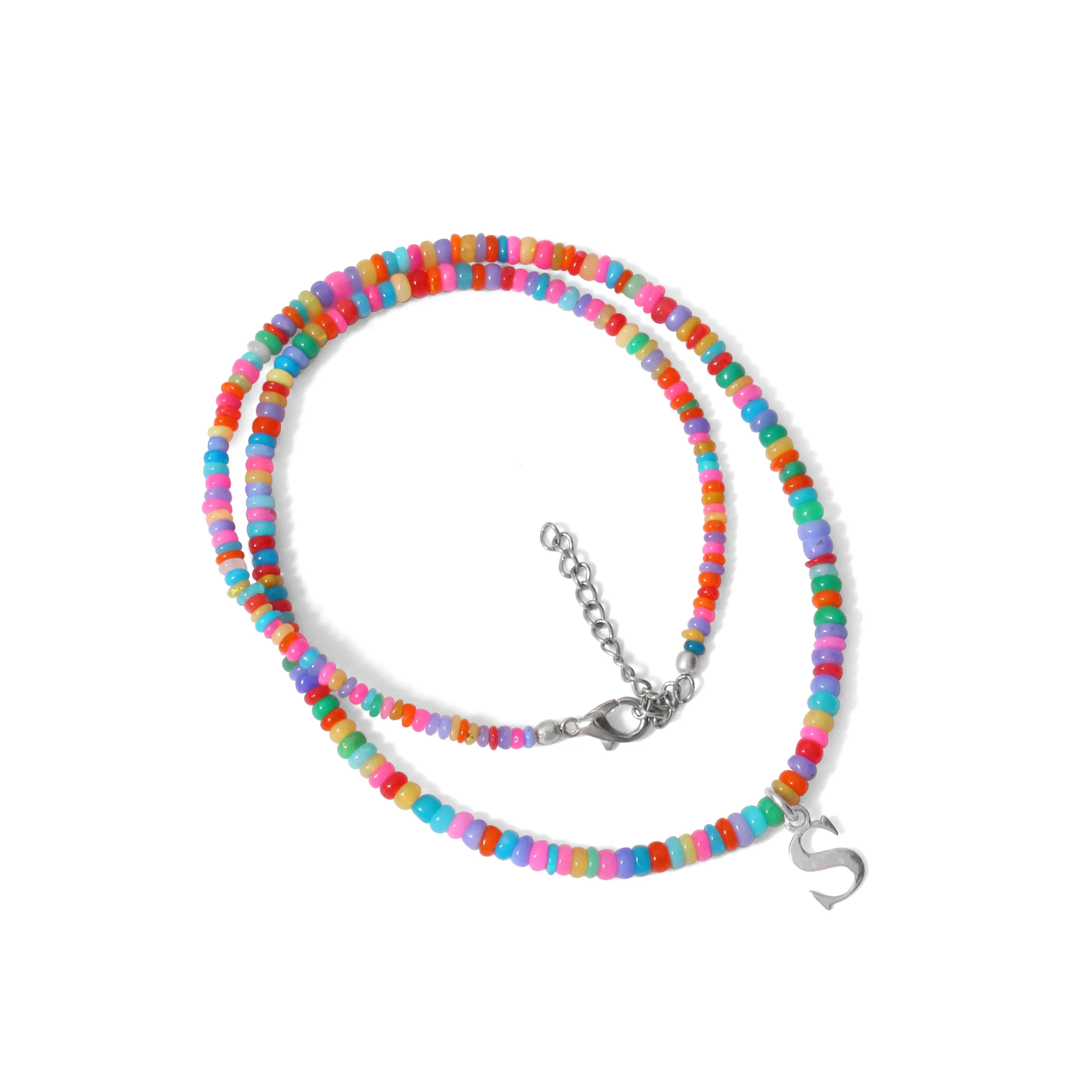 Personalized Alphabet Letter Beaded Necklace, Multi Disco Ethiopian Opal Jewelry