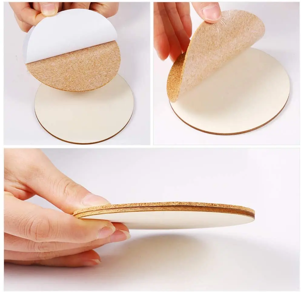 Custom Unfinished Wood Circle Pieces Cutout and Round Self-Adhesive Corks for Wooden Coasters DIY Crafts and Home Decoration