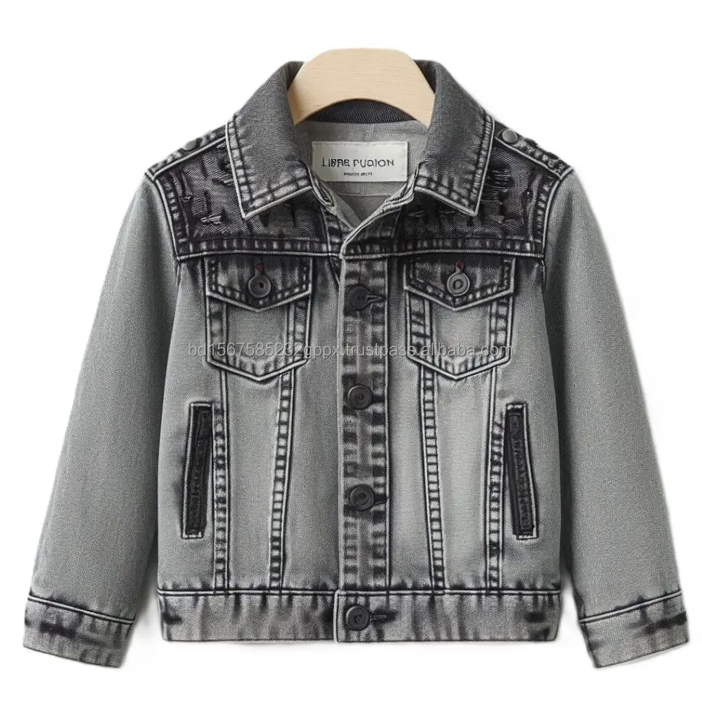 OEM Wholesale Jeans Jackets 8-11 ozs Cotton Washed Woven Denim Unique Designs Trending Styles Fashionable Denim Coat for Kids