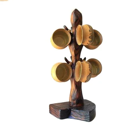 Coffee Mug Holder Wood Shelf Rustic Wall Mounted Cup Organizer Hanging Rack with 12 Hangers for Kitchen / Home / Coffee / Bar