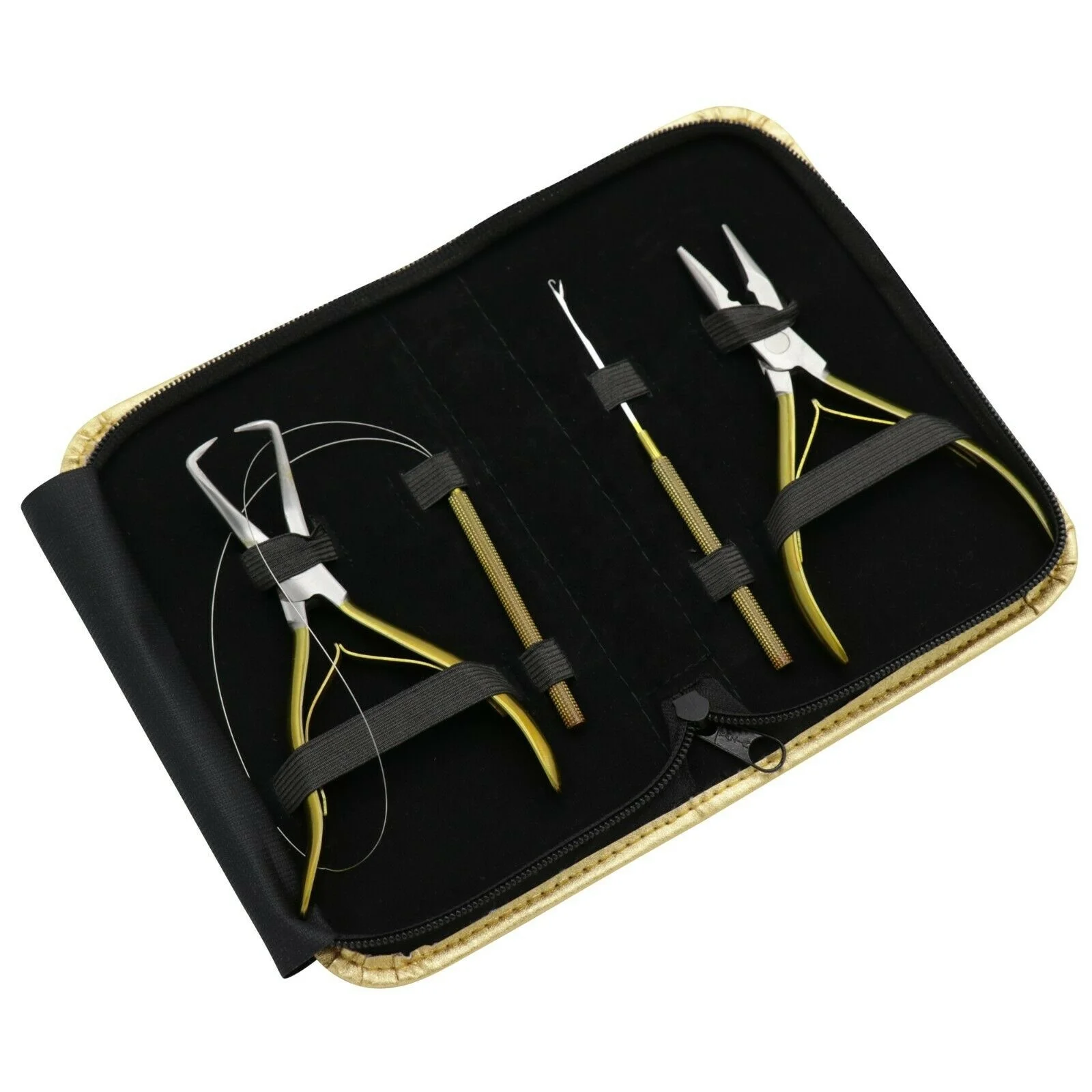 Hair Extension Removal & Fitting Pliers With Crochet  Loop  Pulling Needles Kit Micro & Nano tool  Pliers 4pcs Gold Set