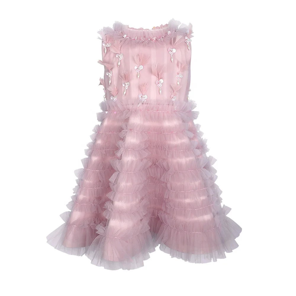 Tutu Boutique Best Price For Sale Hand Beading Sequin, Ostrich Feathers Dress Pink Sleeveless Baby Girl Long Tulle-Chloe-Dress