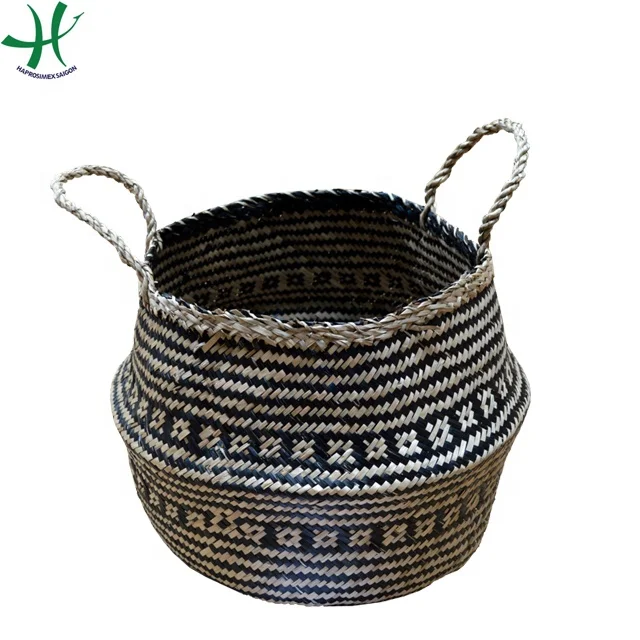 Handmade Woven Seagrass Belly Basket with Handles Customizable Color Bamboo Storage for Home Laundry Decorative Planting Basket