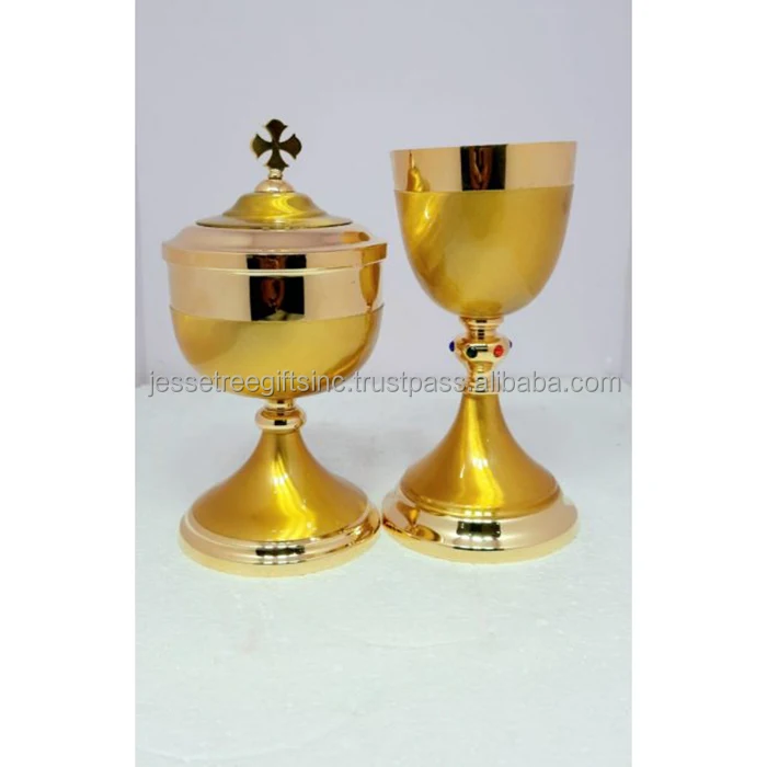 Brass Church Ciborium With Shiny Polish & Yellow Enamel Finishing Round Shape Genuine Quality Cross Inlay On Lid For Drinking