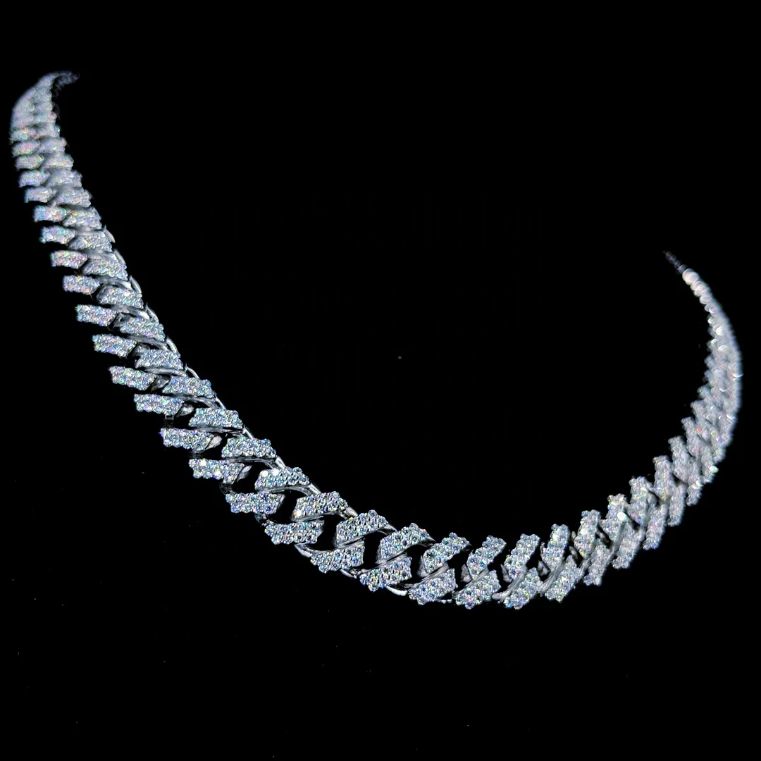 VVS Moissanite Diamond Prong Cuban Link Iced Out Chain Choker Necklace Moissanite Sterling Silver Chain Men Women Rapper Chain