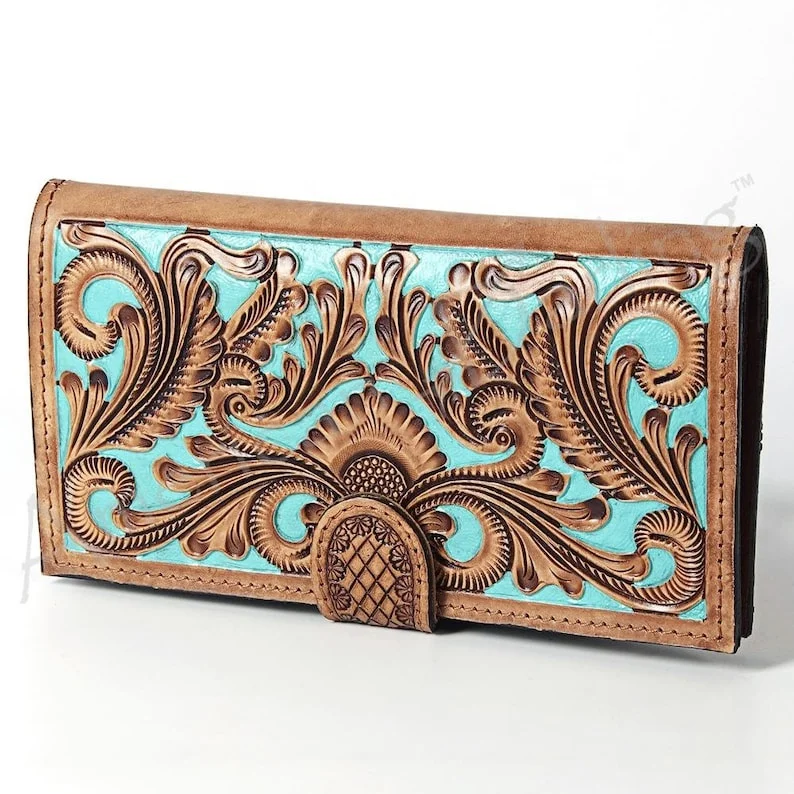 Handtooled Genuine Cow Leather Wallet with Zipper Handmade Card Cash Slots Purses and Coin Holders