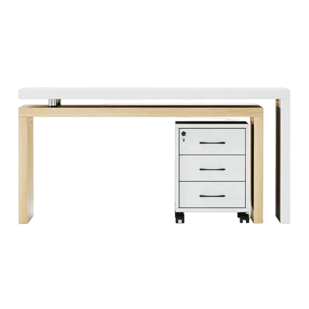 Office Desk Modern Convertible with Natural L-Shaped Rotating Desk and Movable White Cabinet