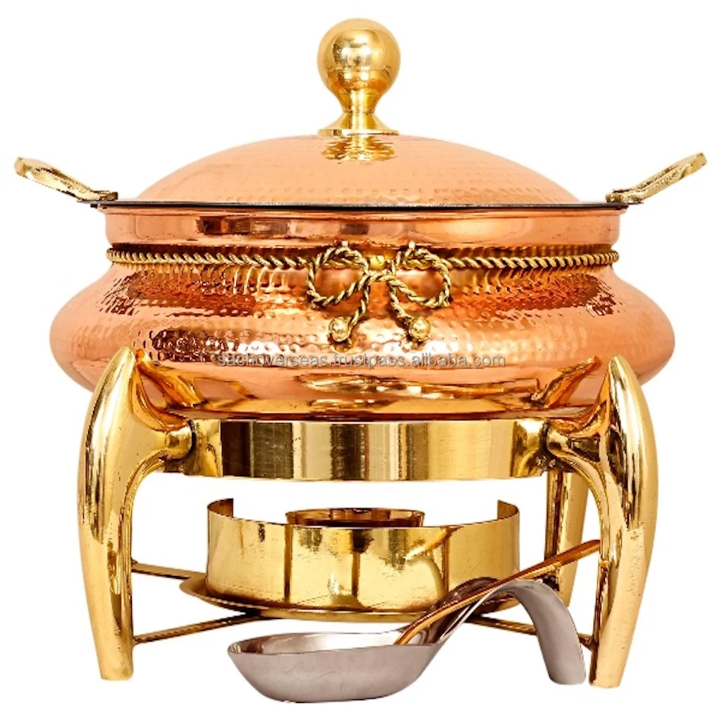 Topseller Indian Handcrafted Copper Chafing Dish with Fuel Gel Stand and Lid Holder