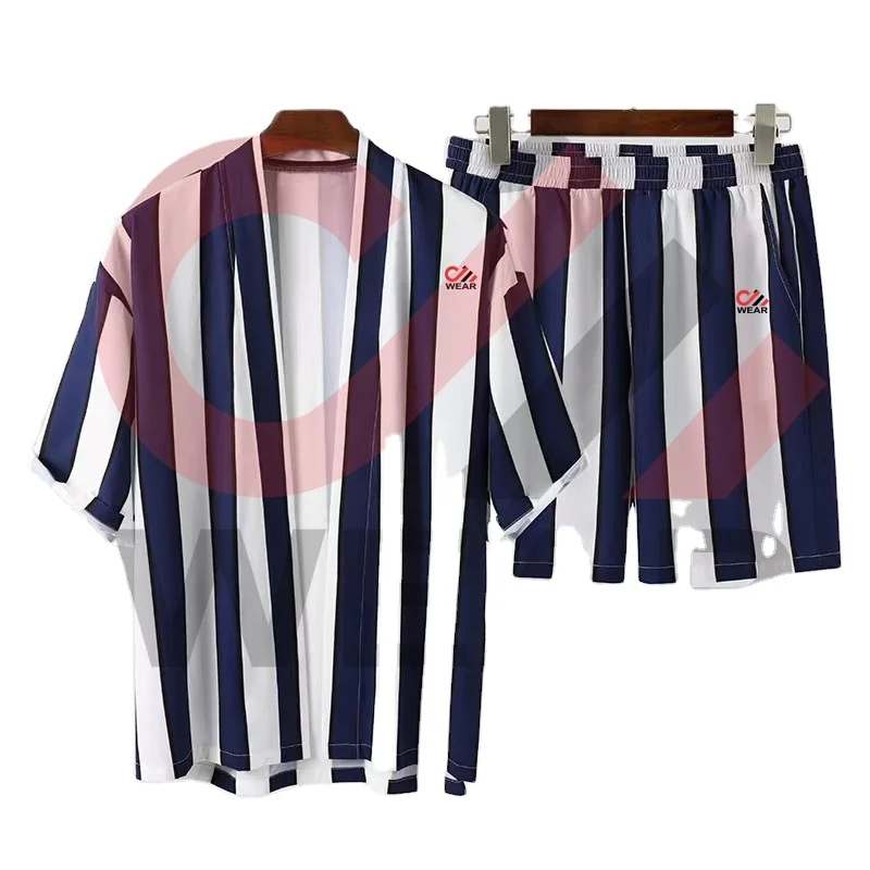 2023 Summer New Breathable Clothing Long-sleeved Stripe Print Shirts Shorts 2 Piece Fashion Male Casual Beach Wear Loose Clothes