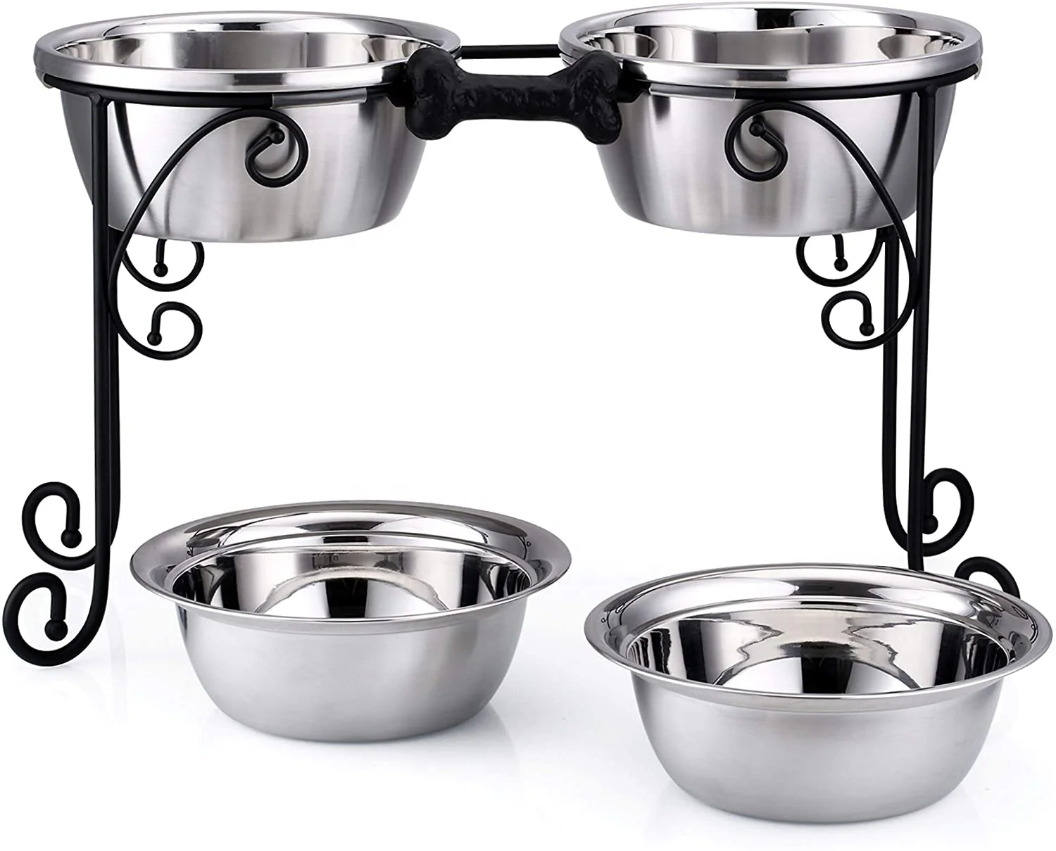 Black wire stand designer stainless steel  pet food and water bowl for puppies and cats in Customized Size and Color